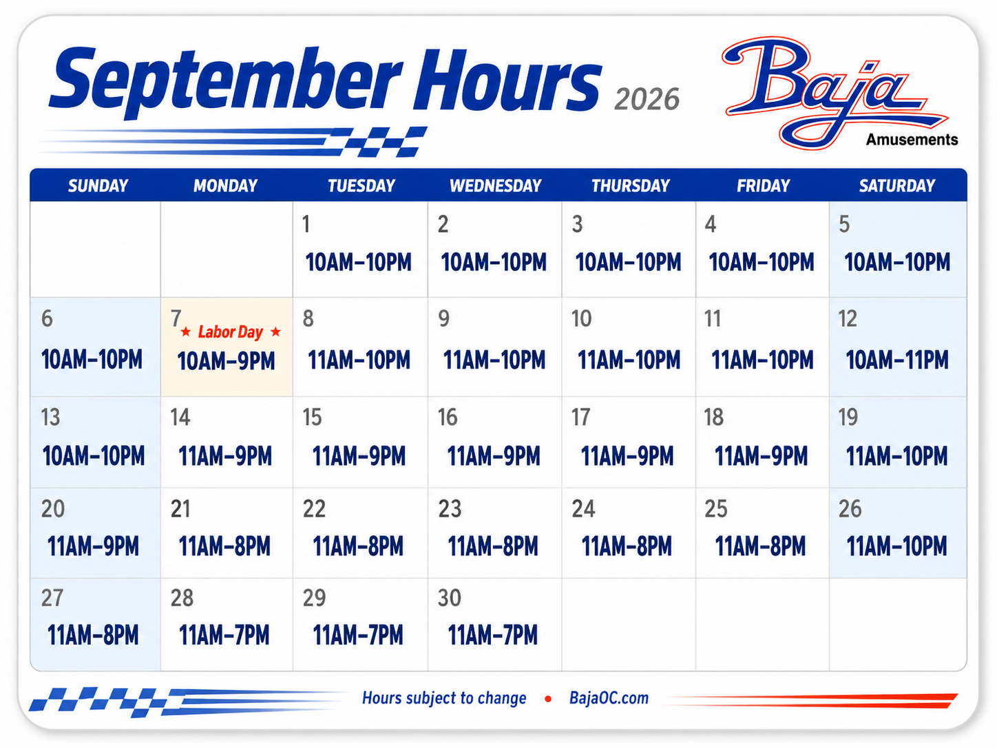 Baja Amusements September 2026 Hours